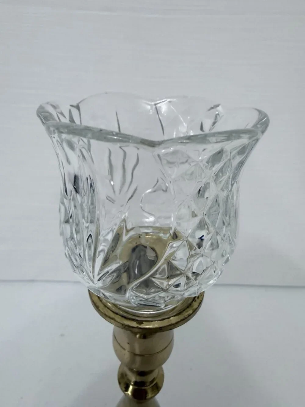 Homco Tulip Diamond Clear Votive Holder on Heavy Brass Candlestick Holder 10.75